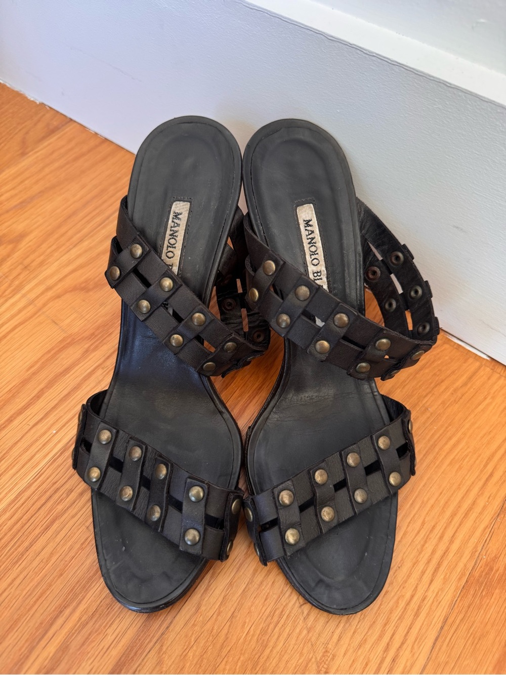 Manolo Blahnik Black Studded Leather Heels